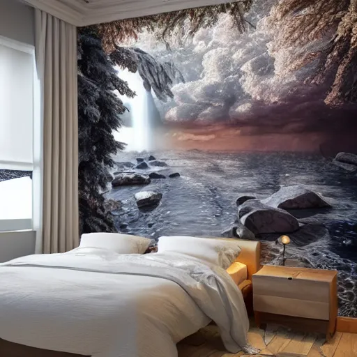 Image similar to a cozy bedroom interior with wall murals painted by a genius, detailed, high resolution, wow!, intricate, volumetric lighting, raytracing