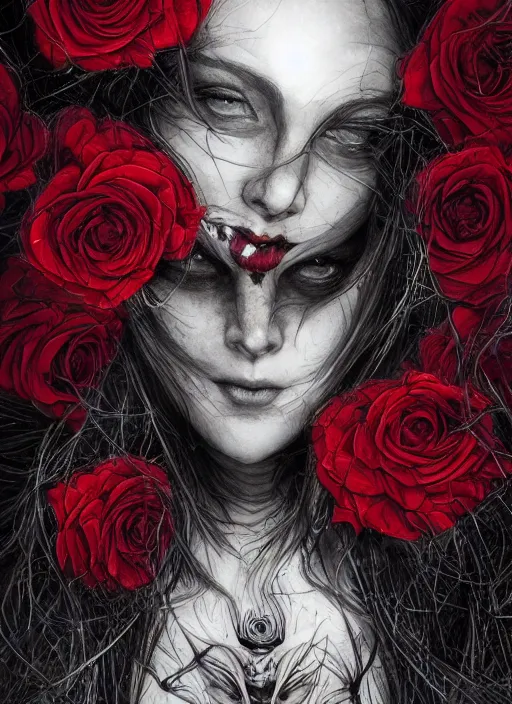 Image similar to portrait, A witch in front of the full big moon, book cover, red roses, red white black colors, establishing shot, extremly high detail, foto realistic, cinematic lighting, pen and ink, intricate line drawings, by Yoshitaka Amano, Ruan Jia, Kentaro Miura, Artgerm, post processed, concept art, artstation, matte painting, style by eddie, raphael lacoste, alex ross