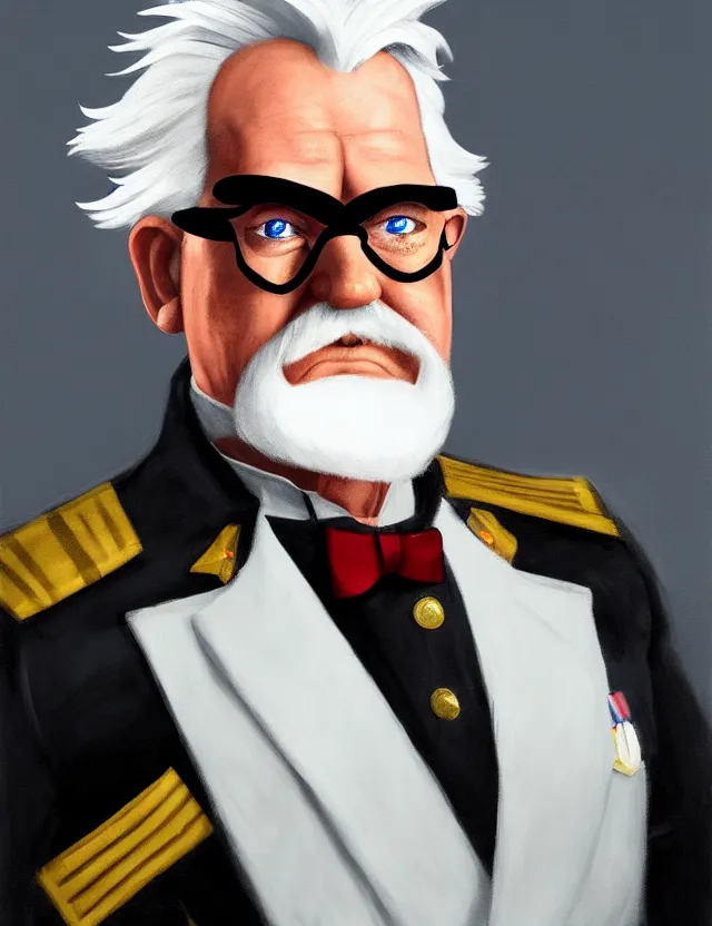 Image similar to a portrait of colonel sanders wearing a military uniform and a black eyepatch over his left eye, by moebius and tyler edlin and hr giger, trending on artstation, digital art, 4 k resolution, detailed, high quality, sharp focus, hq artwork, coherent, insane detail, concept art