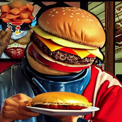 Prompt: piston honda eating a massive big mac hamburger, extra pickles and onions, ultra detailed, style of norman rockwell, style of richard corben, 4 k, rule of thirds.