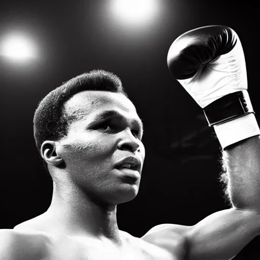 Prompt: mohamed ali boxing, black and white photo, beautiful dynamic lighting, cinematic, extremely high detail, photo realistic, cinematic lighting, 8 k