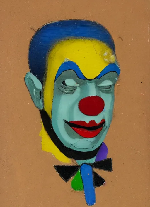 Prompt: clown, asymmetric, enamel paint, before restoration, brushstroke marks, draft, sloppy strokes