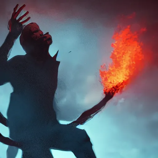 Prompt: a photo of a man dressed in black set on fire in the middle of the george floyd riots, dark, blue, red, white, cinematic lighting, intricate, grim, digital art, trending on artstation