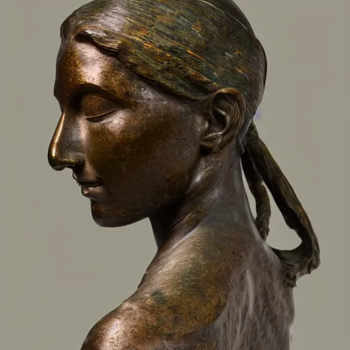 Prompt: detailed photo of an old bronze patina statue of a woman head and shoulder portrait, intricate detail, museum diffuse lighting