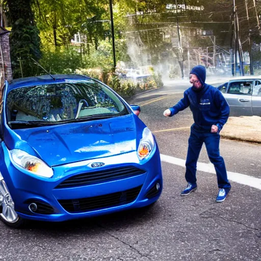 Image similar to crackhead destroying a blue 2013 ford fiesta