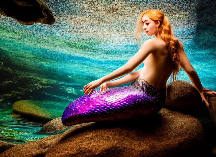 Prompt: mermaid sitting on a rock in an underground river. fantasy magic style. highly detailed 8 k. intricate. lifelike. soft light. sony a 7 r iv 5 5 mm. cinematic post - processing