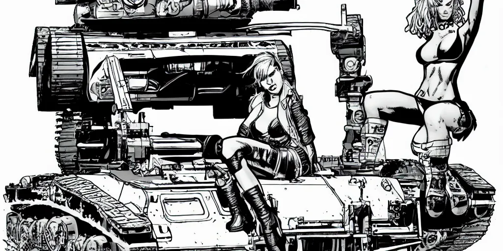 Prompt: single tank girl sitting on top of the tank. comic book style. black and white. illustration. marvel. print. high details.