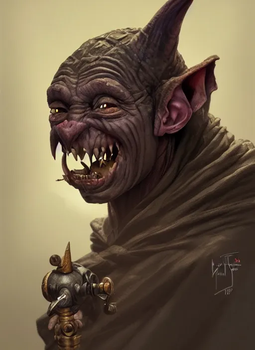 Image similar to profile portrait of a medieval goblin in the cloisters, beautiful face, hyper realistic, highly detailed, digital painting, artstation, illustration, concept art by hyung tae and frank frazetta, digital paint, matte paint, washed colors, dark, gloomy