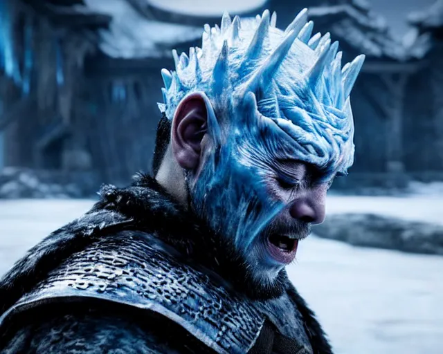 Image similar to ugly - cryer crying ice tears justin sun as night king in game of thrones, stunning tears made of ice, crimson - black bee army behind, 4 k, epic, cinematic, focus, movie still, fantasy, extreme detail, atmospheric, dark colour, sharp focus