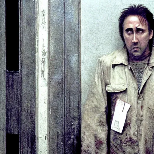 Prompt: nicolas cage hiding behind a corner in silent hill