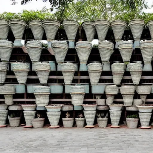 Prompt: a choir made of pots with open mouths in a peculiar building in southern china