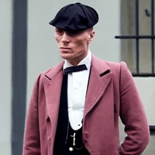 Prompt: tommy shelby ( peaky blinders ) smoking a pink cigar