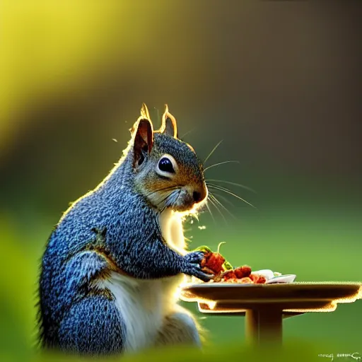 Image similar to a award winning photo of a squirrel having lunch, volumetric light effect