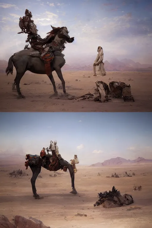 Prompt: 🐎 as 🐼 as 🐋 as 🤖 as 👽 as 🐳, desert photography, by krenz cushart, by greg rutkowski, by edgar maxence