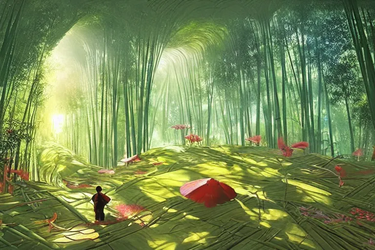 Prompt: surreal glimpse into other universe, a sun shines in bamboo cave, summer morning, very coherent and colorful high contrast, art by!!!! gediminas pranckevicius!!!!, geof darrow, dark shadows, hard lighting