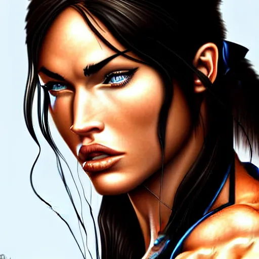 Image similar to megan fox as lara croft, hyper detailed masterpiece, digital art painting, hyper realism aesthetic