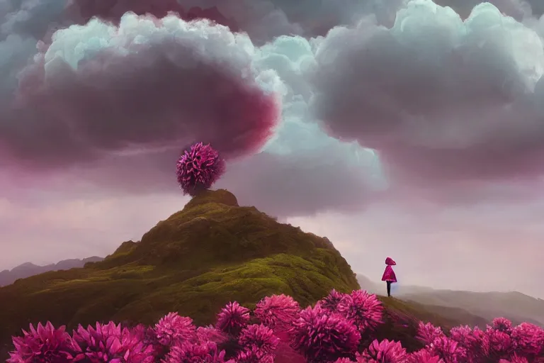 Image similar to giant dahlia flower crown head, woman walking on mountain, surreal photography, pink storm clouds, dramatic light, impressionist painting, digital painting, artstation, simon stalenhag