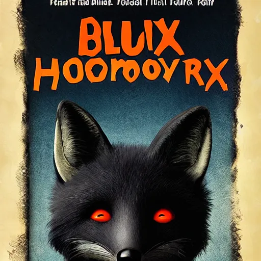 Image similar to blu-ray movie box cover for a horror film featuring an anthropomorphic black foxes dressed in casual clothing