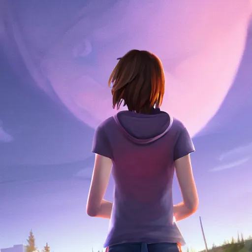 Image similar to max caulfield looking at beautiful sky at night, intricate, youth, digital painting, artstation, life is strange, edouard caplain, ue 5, highly detailed, 8 k