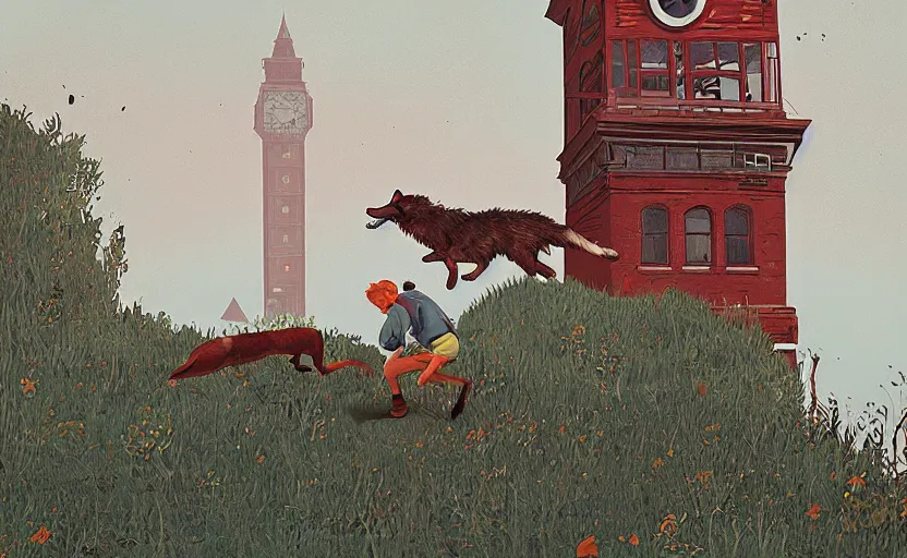 Prompt: a boy fighting a wolf on the edge of a clocktower, by simon stalenhag gouache, print