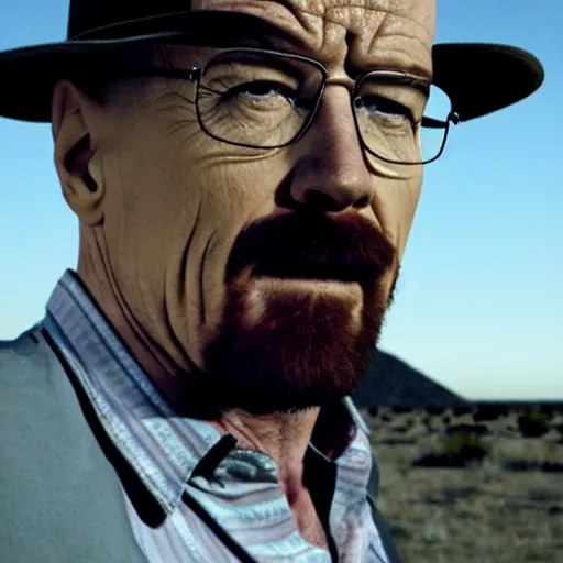 Image similar to breaking bad still frame of walter white in shock with his mouth opened, crying, speechless, desert background, breaking bad