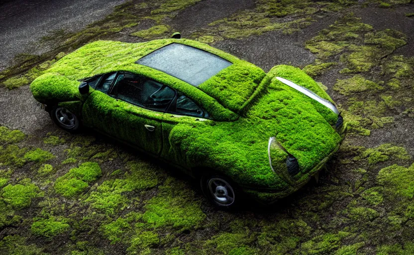 Prompt: car made of moss, luxury HD render, mossy sports car, cinematic, relaxing mossy material, moss covered car, 4k