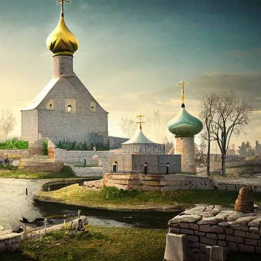 Image similar to ancient Russian city of Kitezh, concept art, photo of Breeze Kaze,