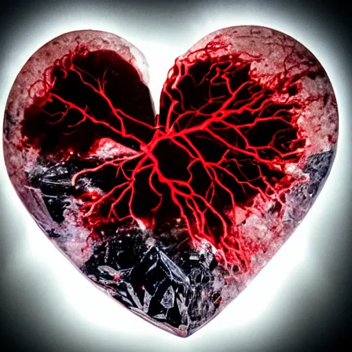 Prompt: crystaline heart filled with blood veins and fire