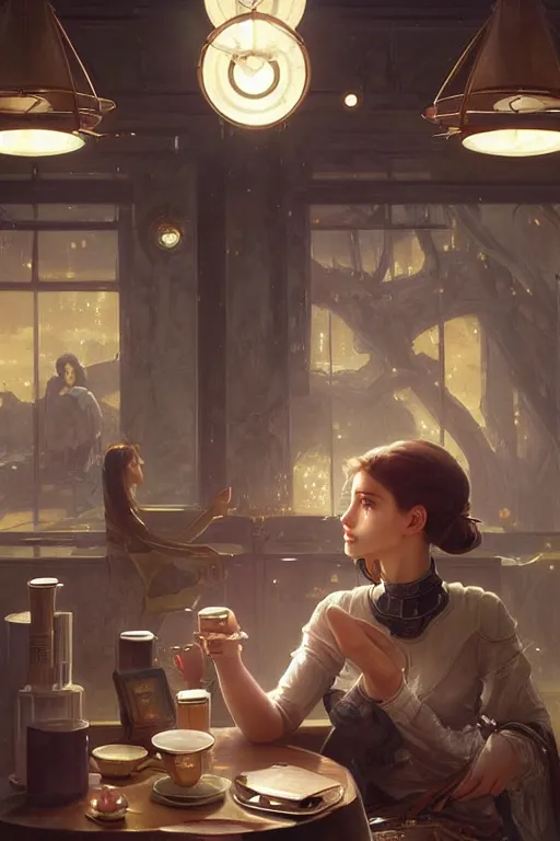 Image similar to an attractive serene cute android in a cafe, partially human , partially biomedical design , natural atmosphere, great high details, highly reaslitic, cinematic lighting, intricate, elegant, super highly detailed, art station, concept arD, beautiful, delicate, art by artgerm and greg rutkowski and alphonse mucha and loish and WLOP