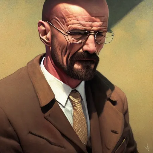 Prompt: the ultimate gigachad, incredibly muscular walter white, walter white with chiseled jawline, trending on / r / moreplatesmoredates, oil on canvas artstation by j. c. leyendecker and edmund blair leighton and charlie bowater octane render