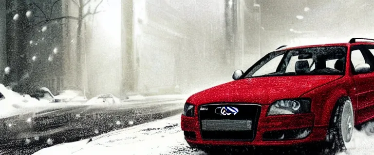 Image similar to Audi A4 B6 Avant (2002), a gritty neo-noir, dramatic lighting, cinematic, eerie person, death, homicide, homicide in the snow, gunshots, establishing shot, extremely high detail, photorealistic, red mist, red fog, chaos, arson, burning city, cinematic lighting, artstation, by simon stalenhag, Max Payne (PC) (2001) winter New York at night, In the style of Max Payne 1 graphic novel, flashing lights, Poets of the Fall - Late Goodbye