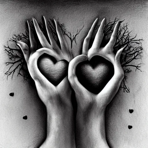 Prompt: hands ripping a heart in two broken pieces, sadness, dark ambiance, an album cover by Godfrey Blow, featured on deviantart, lyco art, artwork, photoillustration, poster art