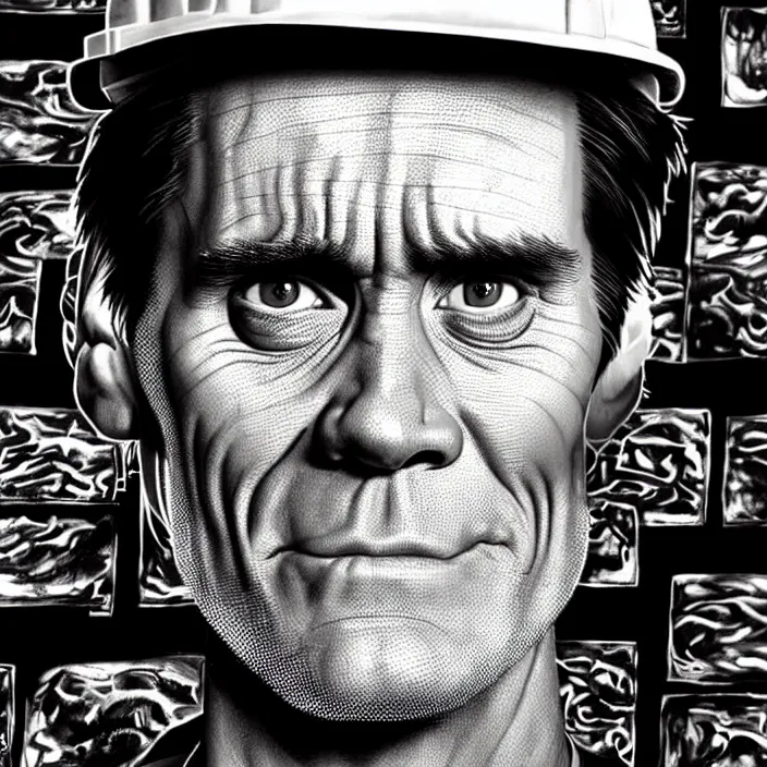 Image similar to extreme close - up on jim carrey as a miner : background : black tiles on walls. black and white, pencil and ink. by gabriel hardman, joe alves, chris bonura. cinematic atmosphere, detailed and intricate, perfect anatomy