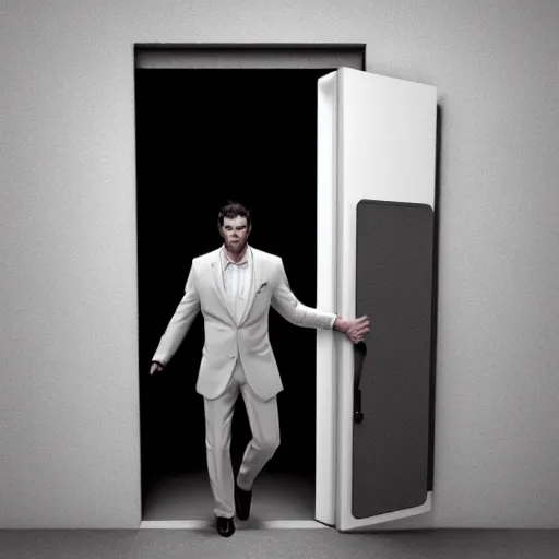 Prompt: a man in a suit holding a briefcase coming out of an door that has an white room in it, Matte painting , detailed painting, greg rutkowski