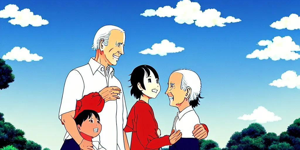 Image similar to joe biden studio ghibli beautiful sky happiness