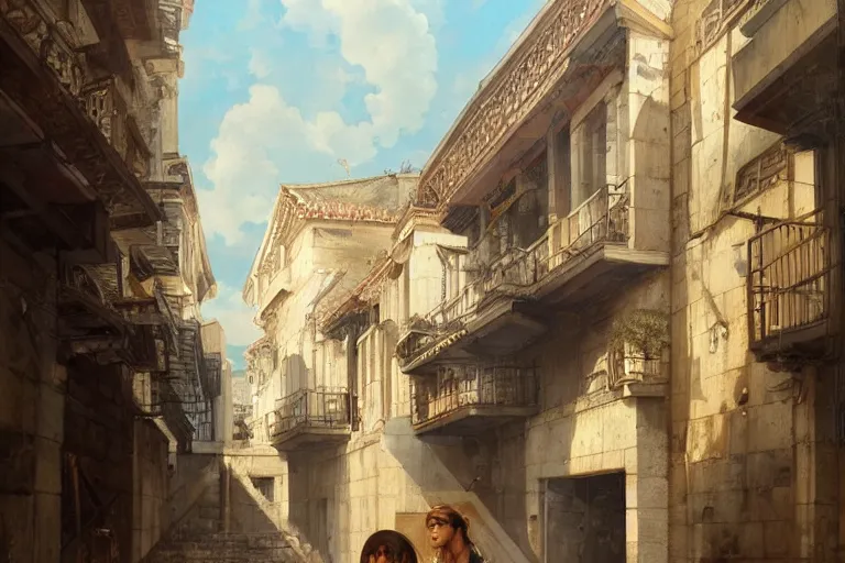 Image similar to handsome korean man looking at ancient renaissance athens street with intricate details, serene, face anatomy, by wlop, peter mohrbacher, jakub rebelka, visually stunning, beautiful, masterpiece