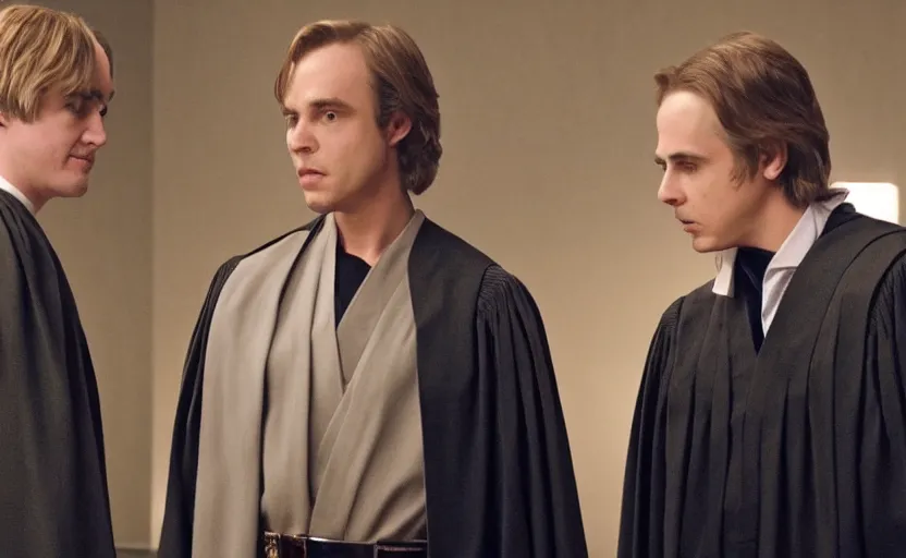 Image similar to anakin skywalker played by hayden christensen wearing jedi robes talking to a lawyer saul goodman wearing a suit in court, better call saul court scene 1 0 8 0 p, jimmy mcgill in court, court session images, realistic faces