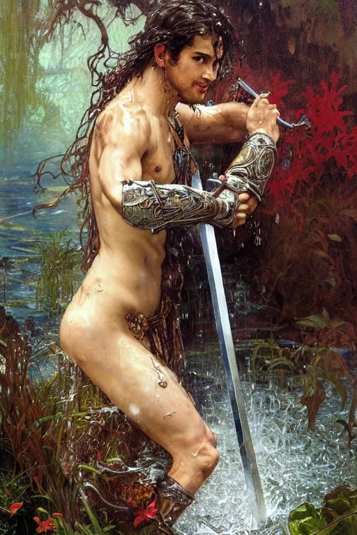 Image similar to portrait of a man wearing a knight robe, holding a sword, drenched body, wet dripping hair, emerging from the water, fantasy, regal, fractal crystal, fractal gems, by stanley artgerm lau, thomas kindkade, alphonse mucha, loish, norman rockwell