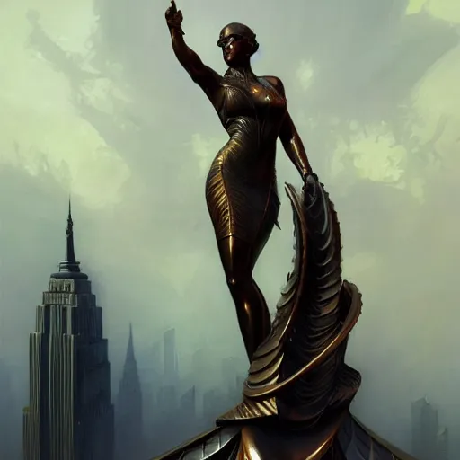 Image similar to a bronze statue stands as the centerpiece of futuristic art deco new york city, fantasy, intricate, elegant, digital painting, trending on artstation, concept art, sharp focus, illustration by greg rutkowski, Gaston Bussiere and artgerm, 4k.