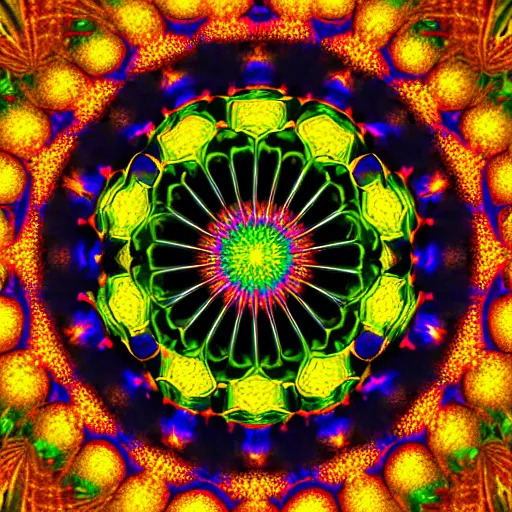 Prompt: Psychedelic kaleidoscope image, fractal, golden ratio, celestial, 35mm , symmetrical, divine, color theory