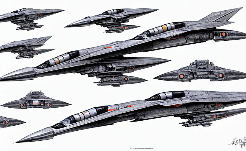 Image similar to pencil concepts or sketchs, with multiple proposals, for spaceship model of a jetfighter, scifi, gradius, ikaruga