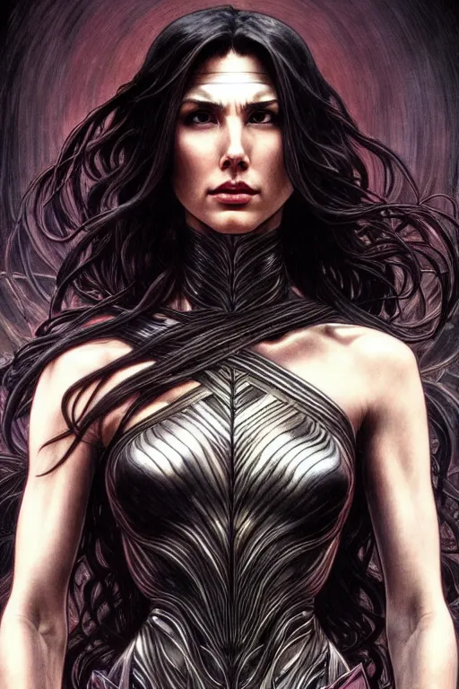 Image similar to very very beautiful longshot photo of chthonic Gal Gadot with demonic eyes and black veins, intricate, elegant, highly detailed, artstation, concept art, smooth, sharp focus, illustration, art by artgerm and moebius and alphonse mucha, Ayami Kojima, Beksinski, Giger