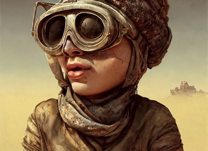 Image similar to a highly detailed forgotten garden gnome wearing goggles and head scarf surviving in a vast barren desert, hopeless wasteland background with a relentless raging sun overhead, hot, post - apocalyptic road warrior vibe, an ultrafine detailed painting by by karol bak and filip hodas, trending on deviantart, pop surrealism, whimsical, lowbrow, perfect symmetrical face, sharp focus, octane, masterpiece