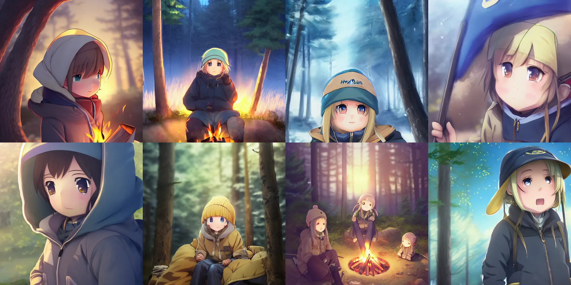 Image similar to yuru camp anime campfire hyperdetailed blue eyes, trending on artstation, cinematic lighting, highly realistically detailed, trending on pixiv , Unreal Engine 4k, detailed faces, manga cover, official anime key visual by sakimichan