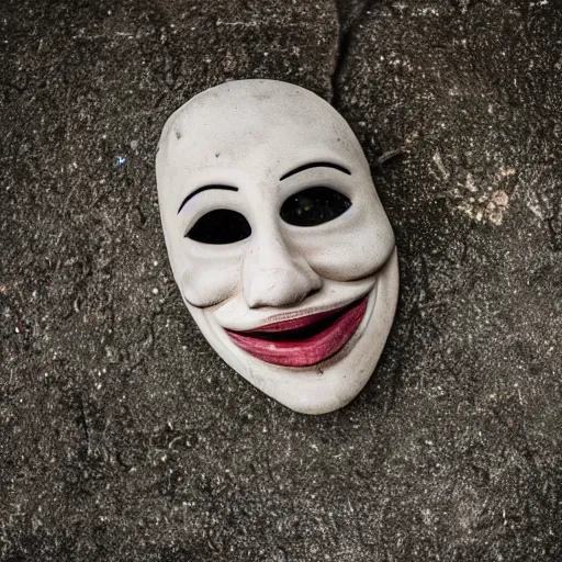 Prompt: a closeup photograph of a creepy comedy mask lying on a concrete floor in an abandoned building