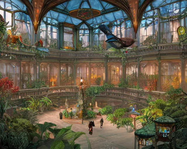 Prompt: Matte painting of the interior view of giant botanical museum. ArtNouveau architecture. Colorful birds flying. Exotic plants. Magical lanterns and chandeliers. Witches and wizards studying and walking. Fantastical, detailed digital art trending in artstation