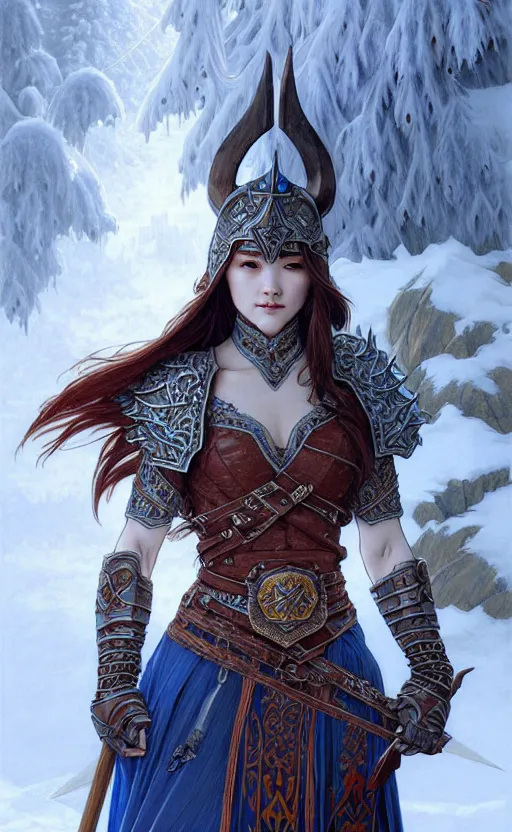 Image similar to azure viking warrior, regal, elegant, winter, snow, beautiful, stunning, hd, illustration, epic, d & d, fantasy, intricate, elegant, highly detailed, wide angle, digital painting, artstation, concept art, smooth, sharp focus, illustration, wallpaper, art by artgerm and greg rutkowski and alphonse mucha and jin xiaodi