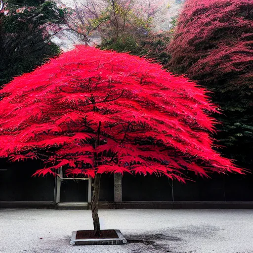 Image similar to a single red japanese maple in a dystopian city