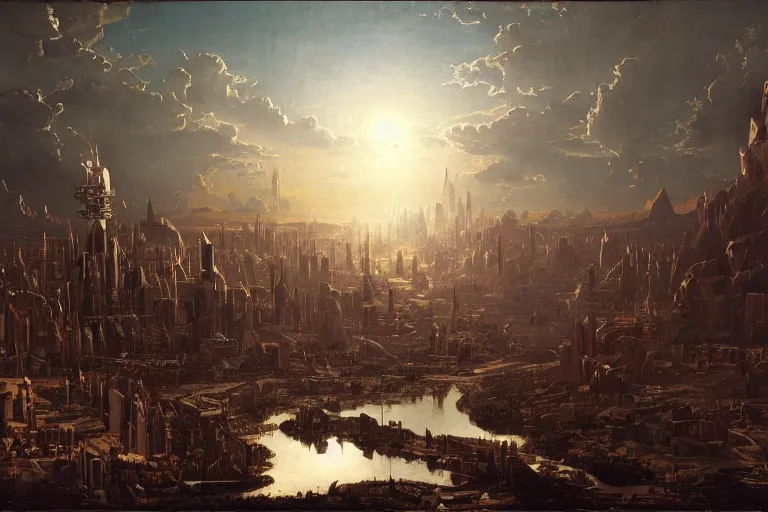 Image similar to a vast planetary sci-fi city by Ansel Adams and Bernardo Bellotto, oil on canvas, artstation, dramatic scenery, masterpiece, aesthetic