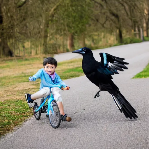 Prompt: A magpie chasing a boy on a bike, Canon EOS R3, f/1.4, ISO 200, 1/160s, 8K, RAW, unedited, symmetrical balance, in-frame